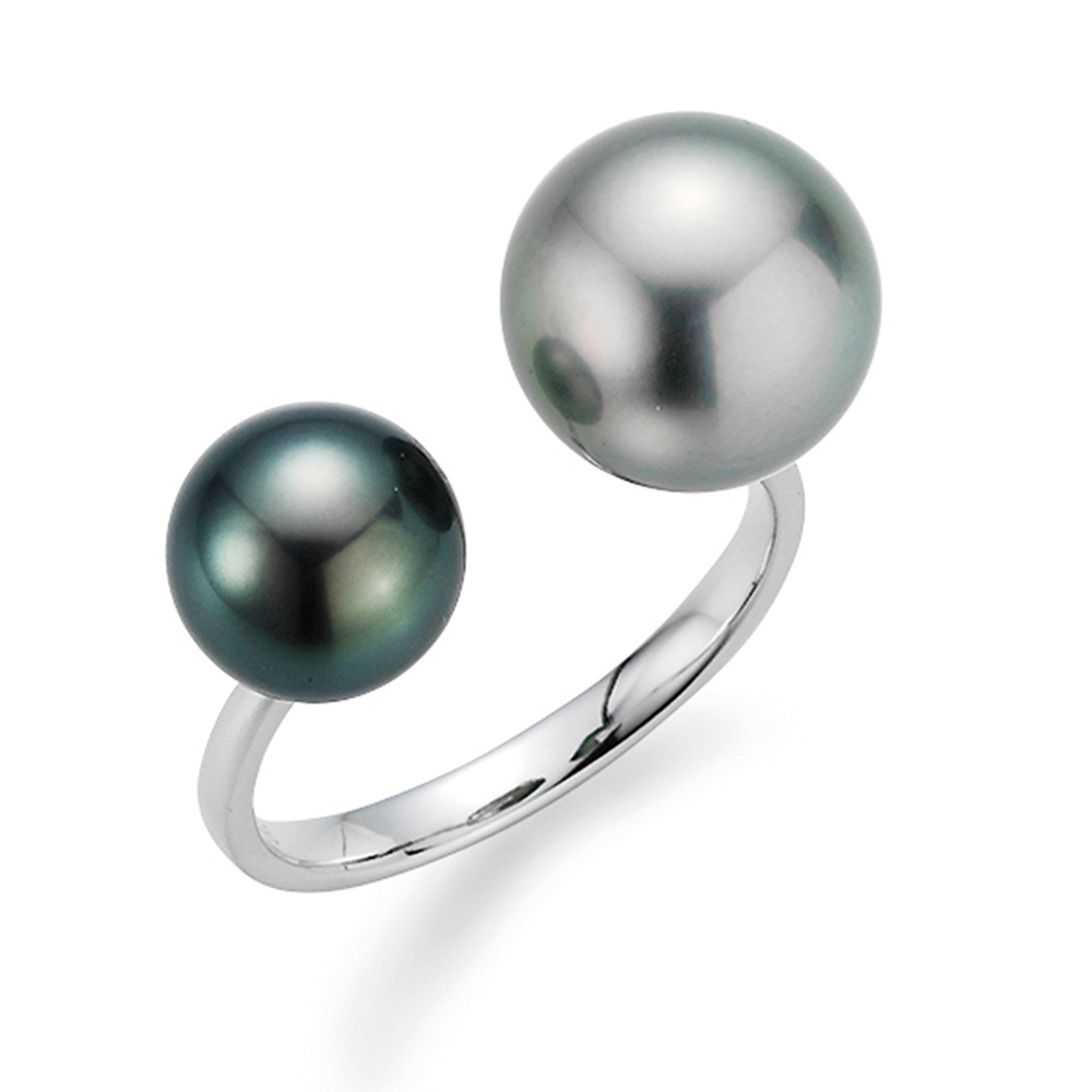 Yana Nesper Offener Weißgoldring mit schwarzer und grauer Perle Open Mind